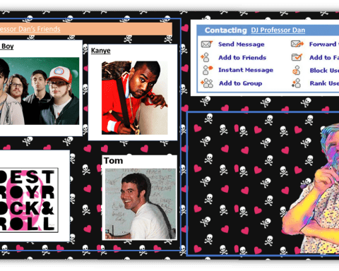 "Collage of DJ Professor Dan's friends, featuring Fall Out Boy, Kanye, Mylo, and Tom, on a vibrant background."