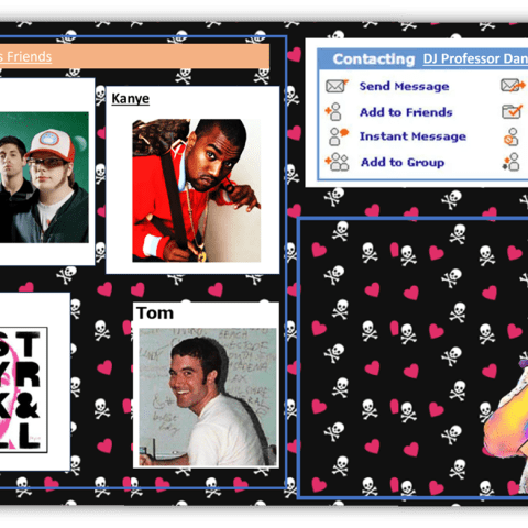 "Collage of DJ Professor Dan's friends, featuring Fall Out Boy, Kanye, Mylo, and Tom, on a vibrant background."