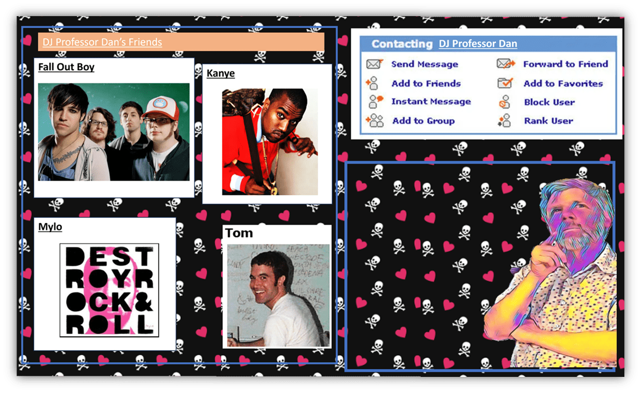 "Collage of DJ Professor Dan's friends, featuring Fall Out Boy, Kanye, Mylo, and Tom, on a vibrant background."