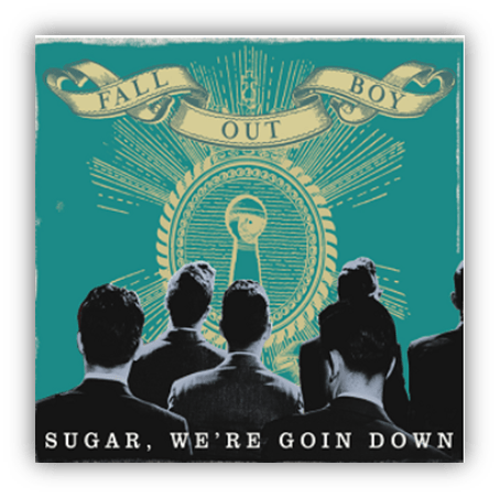 "Fall Out Boy 'Sugar, We're Goin Down' album cover featuring silhouettes of men against a teal background."