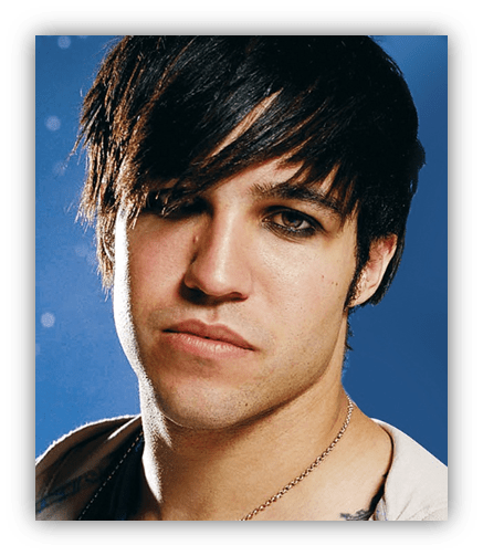"Close-up portrait of a man with dark hair and eyeliner against a blue background."