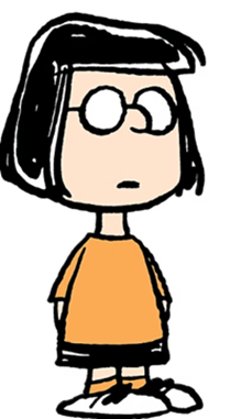 "Cartoon character with short black hair and round glasses, wearing an orange shirt and black shorts."