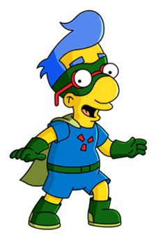 "Animated character Milhouse from The Simpsons dressed as a superhero."