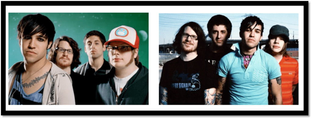 "Two images of a rock band featuring male members, showcasing different styles and settings."