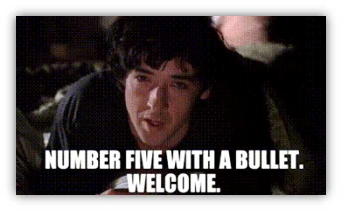 "Scene from a movie featuring a young man saying 'Number five with a bullet. Welcome.'"