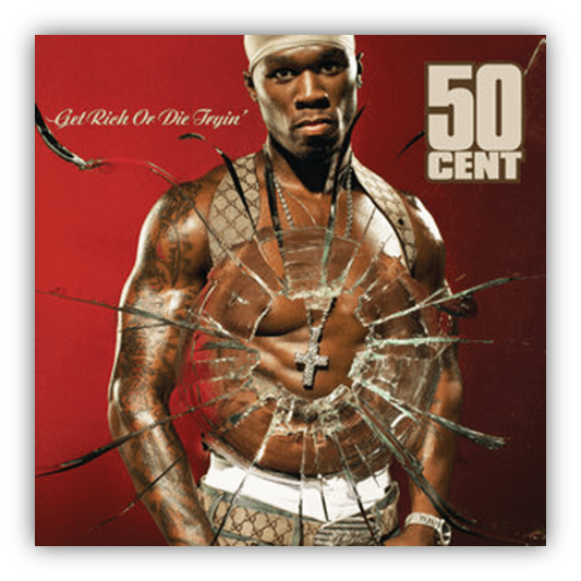 "50 Cent's album cover for 'Get Rich or Die Tryin'' featuring a muscular man with a shattered glass effect."