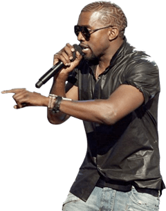 Kanye West performing live with a microphone, wearing sunglasses and a black shirt.