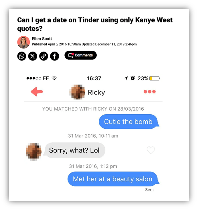 Screenshot of a Tinder chat featuring humorous messages about using Kanye West quotes for dating.