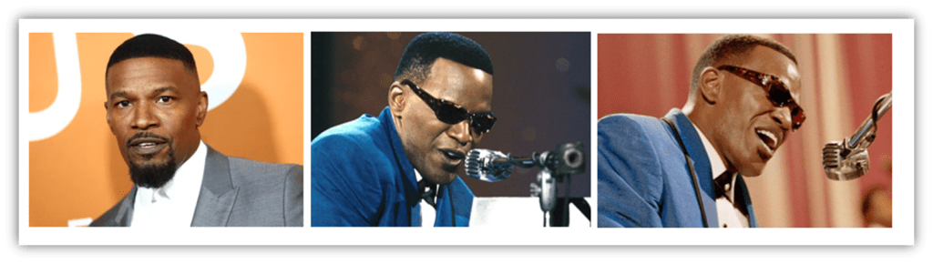 "Collage of Jamie Foxx portraying Ray Charles in various performances."