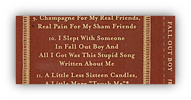 "Fall Out Boy album tracklist featuring 'I Slept With Someone In Fall Out Boy' and 'Champagne For My Real Friends.'"