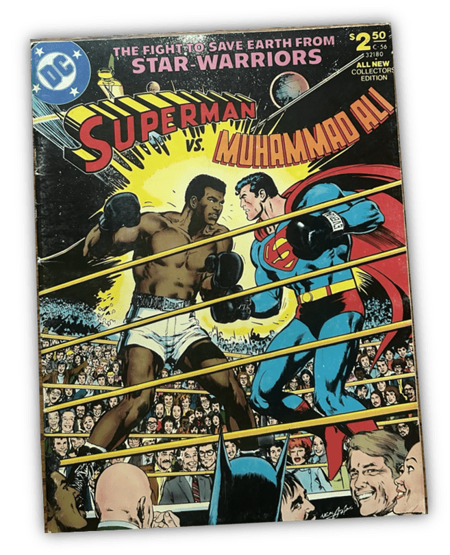 "Superman vs. Muhammad Ali comic book cover featuring a boxing match in front of an audience."