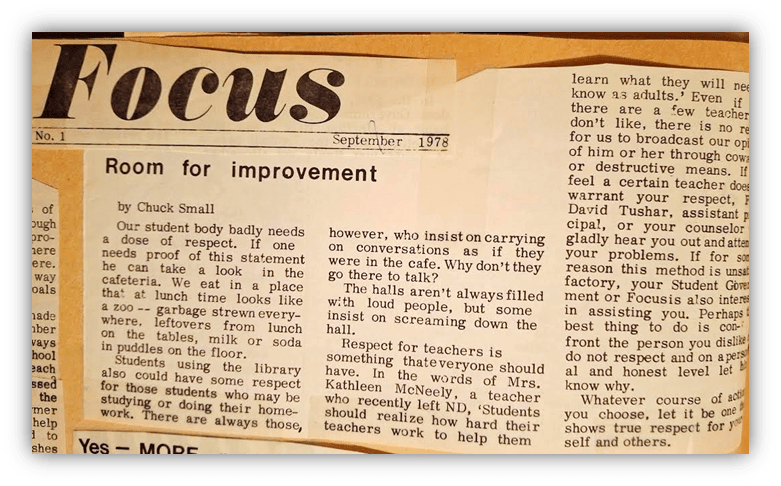 Alt text: "1978 newspaper article titled 'Focus' discussing student respect and behavior in school."