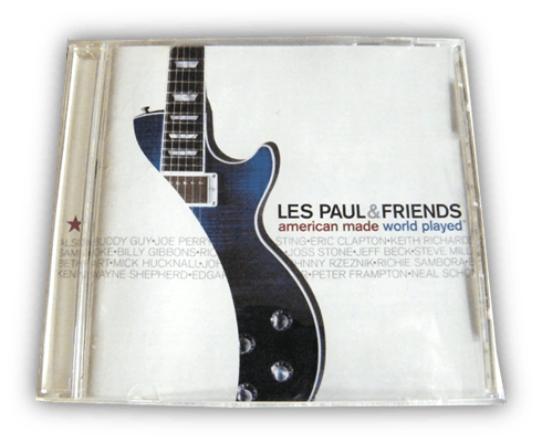 "Les Paul & Friends album cover featuring a guitar, titled 'American Made World Played.'"