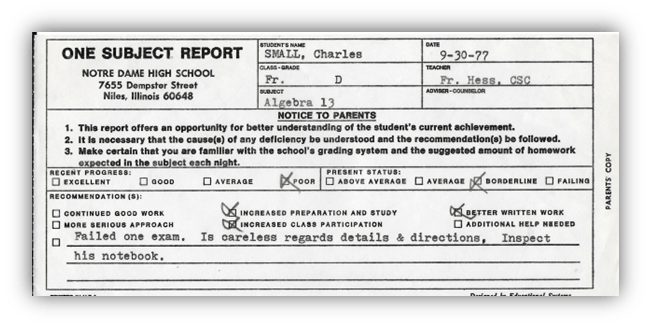 "One Subject Report for Charles Small from Notre Dame High School, detailing academic performance in Algebra 13."