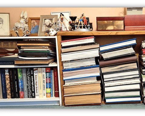 Bookshelves filled with various books, framed photos, and decorative items.
