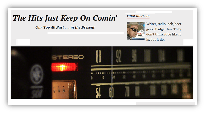 Alt text: "Vintage radio tuner with a glowing stereo indicator, featuring a music-themed header."