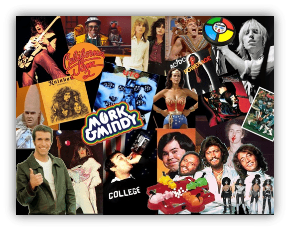 "Collage of iconic 70s and 80s pop culture, featuring music, TV shows, and memorable characters."
