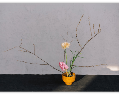 "Minimalist flower arrangement in a yellow bowl with branches and blooms."