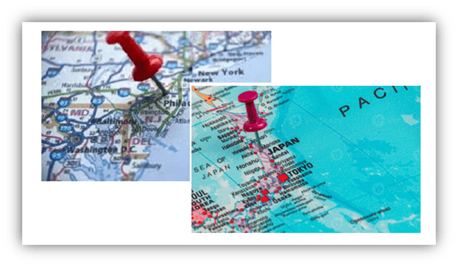 "Red pushpins marking locations on maps of the USA and Japan."