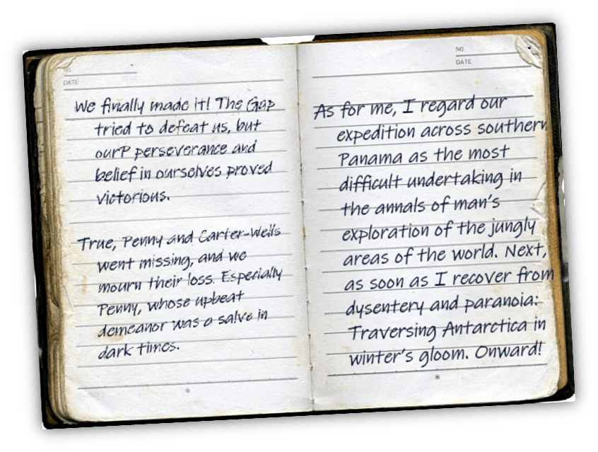 "Handwritten journal entry reflecting on a challenging expedition in Panama and the loss of teammates."