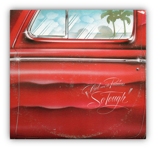 "Close-up of a vintage red car door featuring artistic design and palm tree reflections."