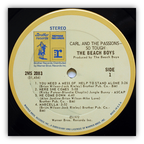 Alt text: "Label of 'Carl and the Passions—So Tough' album by The Beach Boys featuring song titles and production details."