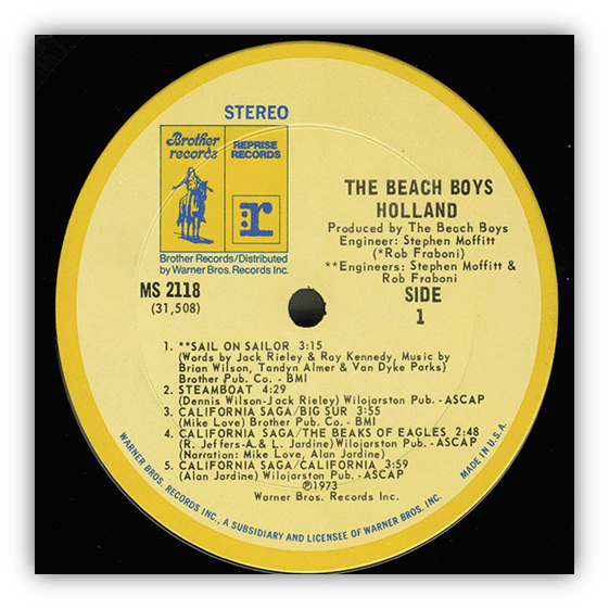 "Album label of The Beach Boys' 'Holland,' featuring track list and production details."