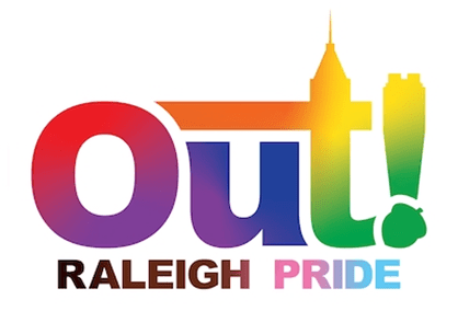 "Out! Raleigh Pride logo with vibrant rainbow colors celebrating LGBTQ+ community."