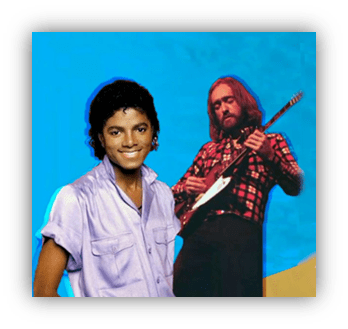 "Michael Jackson and guitarist on colorful background."