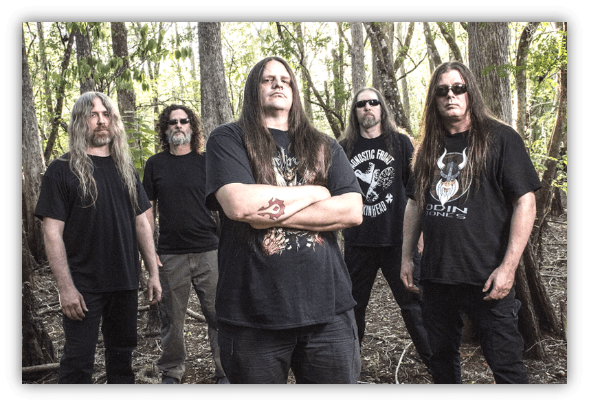 "Heavy metal band posing in a forest, wearing black shirts and showcasing long hair."