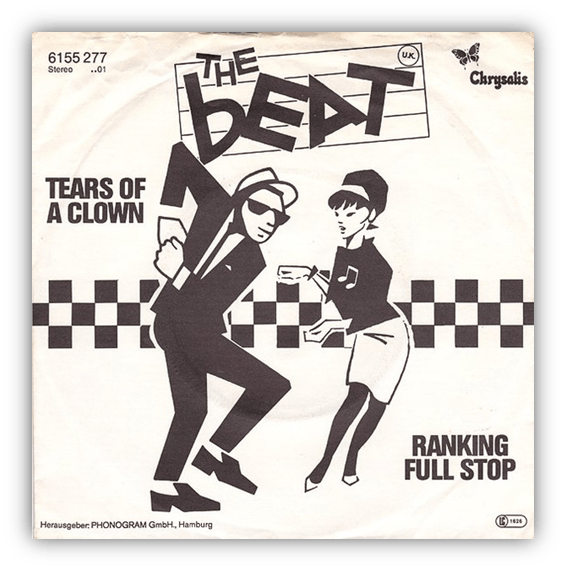 Alt text: "The Beat single cover for 'Tears of a Clown' featuring a dancing couple in a black and white design."