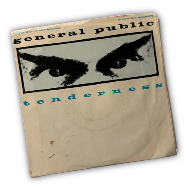 "General Public album cover 'Tenderness' featuring bold eyes and graphic design."