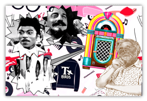 "Retro music collage featuring iconic musicians, a colorful jukebox, and vintage elements."
