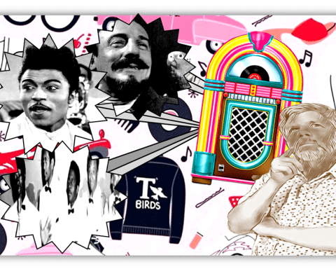 "Retro music collage featuring iconic musicians, a colorful jukebox, and vintage elements."