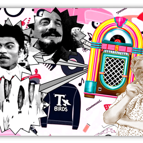 "Retro music collage featuring iconic musicians, a colorful jukebox, and vintage elements."