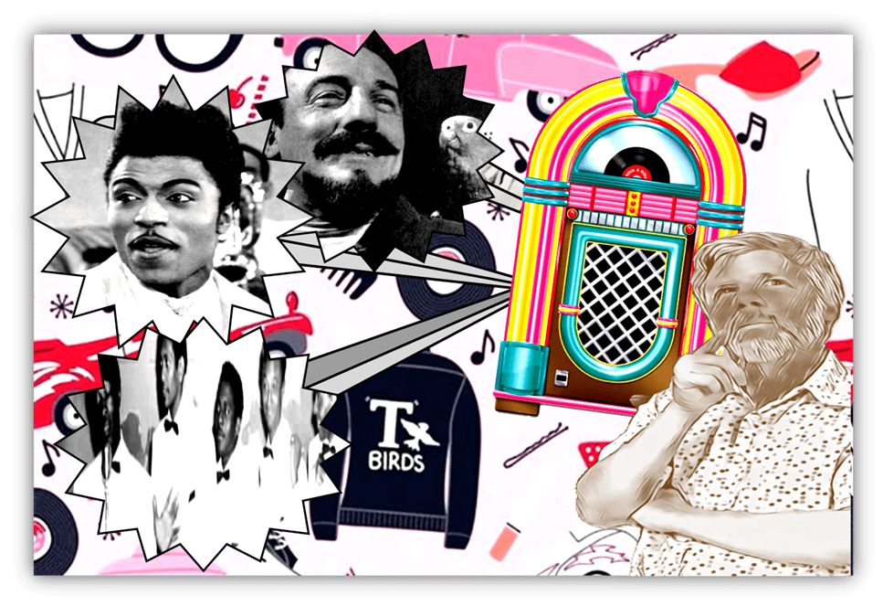 "Retro music collage featuring iconic musicians, a colorful jukebox, and vintage elements."