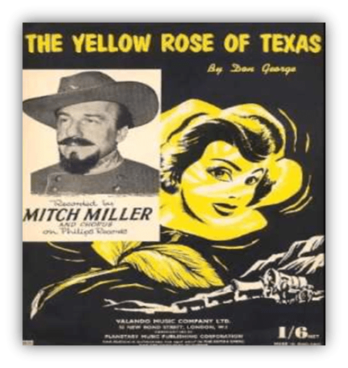 "Cover of 'The Yellow Rose of Texas' sheet music featuring Mitch Miller and a stylized illustration of a woman."