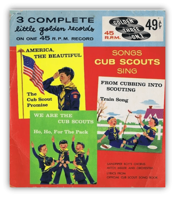 "Vintage 45 RPM record cover featuring Cub Scout songs, including 'America, the Beautiful' and 'We Are the Cub Scouts.'"