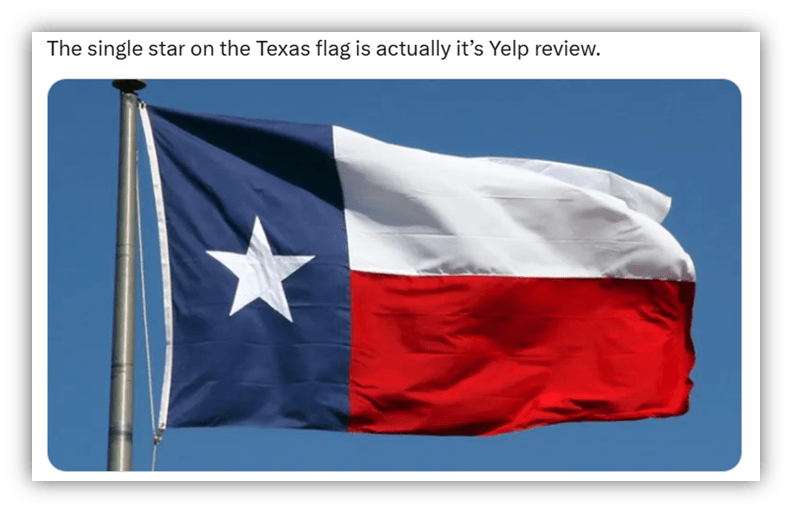 "Texas flag waving in the wind with a humorous caption about its single star."
