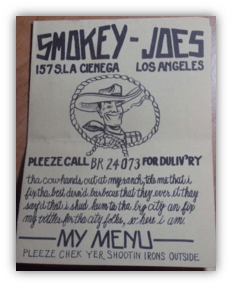 "Vintage flyer for Smokey Joe's BBQ in Los Angeles featuring contact information and menu details."