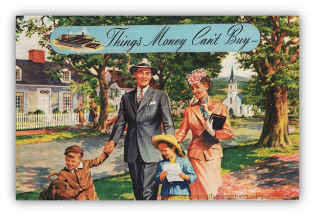 "Vintage illustration of a happy family walking together with the text 'Things Money Can't Buy' at the top."