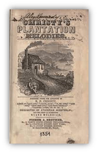 "Cover of Christy's Plantation Melodies, 1851, featuring an illustration of a cottage and landscape."