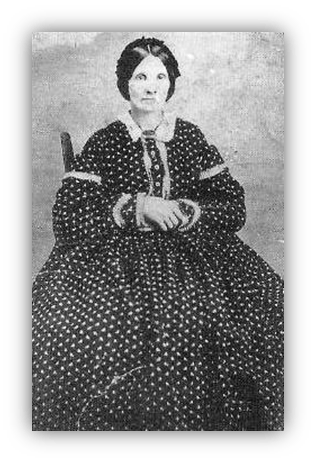 Historical portrait of a woman in 19th-century dress, seated with hands clasped.