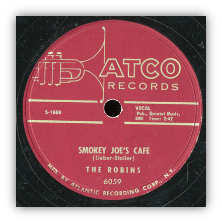 Alt text: "Atco Records label for 'Smokey Joe's Cafe' by The Robins."