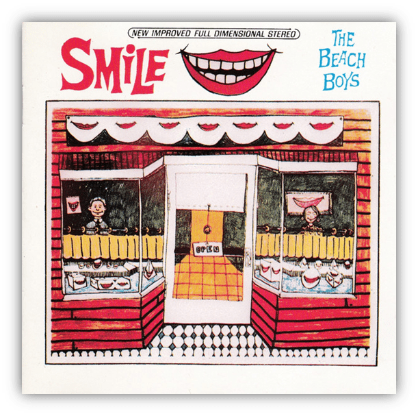 Album cover of "Smile" by The Beach Boys featuring a colorful illustration of a storefront with smiling characters.