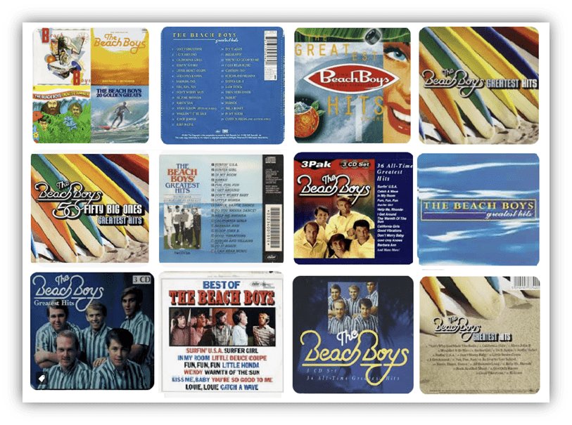 Collage of various Beach Boys album covers showcasing their greatest hits and compilations.
