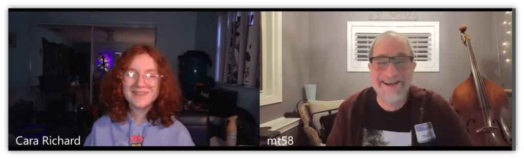 "Two smiling individuals, Cara Richard and mt58, engaged in a video call with musical instruments in the background."