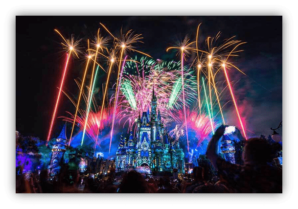 "Colorful fireworks illuminate a castle at night, creating a magical atmosphere."