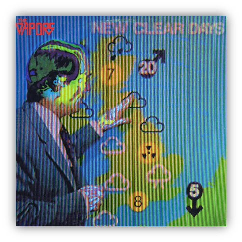 "Colorful weather forecast graphic featuring a presenter and the title 'New Clear Days' by The Vapors."