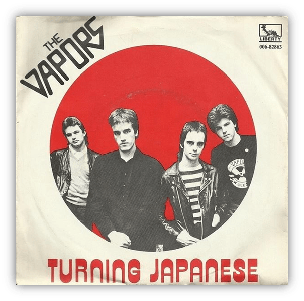 Alt text: "The Vapors band album cover for 'Turning Japanese' featuring four members against a red background."